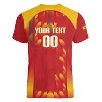 Custom Spain Rugby 2026 Women V-Neck T-Shirt Vamos Los Leones Red Version