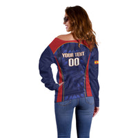 Custom Spain Rugby 2026 Off Shoulder Sweater Vamos Los Leones Blue Version