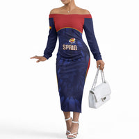 Custom Spain Rugby 2026 Off The Shoulder Long Sleeve Dress Vamos Los Leones Blue Version