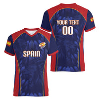 Custom Spain Rugby 2026 Women V-Neck T-Shirt Vamos Los Leones Blue Version