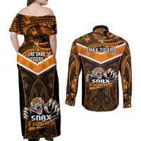 Papua New Guinea Rugby Couples Matching Off Shoulder Maxi Dress and Long Sleeve Button Shirts Lae Snax Tigers PNG Polynesian Pattern - Wonder Print Shop