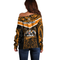 Papua New Guinea Rugby Off Shoulder Sweater Lae Snax Tigers PNG Polynesian Pattern - Wonder Print Shop