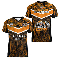 Papua New Guinea Rugby Women V Neck T Shirt Lae Snax Tigers PNG Polynesian Pattern - Wonder Print Shop