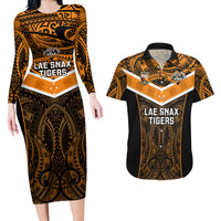 Custom Papua New Guinea Rugby Couples Matching Long Sleeve Bodycon Dress and Hawaiian Shirt Lae Snax Tigers PNG Polynesian Pattern - Wonder Print Shop