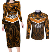 Custom Papua New Guinea Rugby Couples Matching Long Sleeve Bodycon Dress and Long Sleeve Button Shirts Lae Snax Tigers PNG Polynesian Pattern - Wonder Print Shop