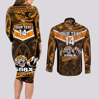 Custom Papua New Guinea Rugby Couples Matching Long Sleeve Bodycon Dress and Long Sleeve Button Shirts Lae Snax Tigers PNG Polynesian Pattern - Wonder Print Shop