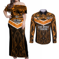 Custom Papua New Guinea Rugby Couples Matching Off Shoulder Maxi Dress and Long Sleeve Button Shirts Lae Snax Tigers PNG Polynesian Pattern - Wonder Print Shop