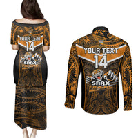Custom Papua New Guinea Rugby Couples Matching Puletasi Dress and Long Sleeve Button Shirts Lae Snax Tigers PNG Polynesian Pattern - Wonder Print Shop