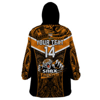 Custom Papua New Guinea Rugby Wearable Blanket Hoodie Lae Snax Tigers PNG Polynesian Pattern - Wonder Print Shop
