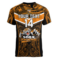 Custom Papua New Guinea Rugby Women V Neck T Shirt Lae Snax Tigers PNG Polynesian Pattern - Wonder Print Shop