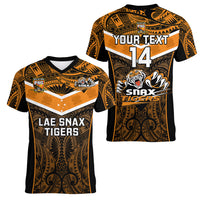 Custom Papua New Guinea Rugby Women V Neck T Shirt Lae Snax Tigers PNG Polynesian Pattern - Wonder Print Shop