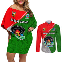Custom Papua New Guinea Rugby Couples Matching Off Shoulder Short Dress and Long Sleeve Button Shirts Rabaul Gurias PNG Polynesian Pattern - Wonder Print Shop