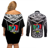 Papua New Guinea Rugby Couples Matching Off Shoulder Short Dress and Long Sleeve Button Shirts Mendi Muruks PNG Polynesian Pattern - Wonder Print Shop
