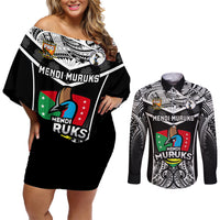 Custom Papua New Guinea Rugby Couples Matching Off Shoulder Short Dress and Long Sleeve Button Shirts Mendi Muruks PNG Polynesian Pattern - Wonder Print Shop