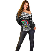 Custom Papua New Guinea Rugby Off Shoulder Sweater Mendi Muruks PNG Polynesian Pattern - Wonder Print Shop