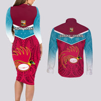 Papua New Guinea Rugby Couples Matching Long Sleeve Bodycon Dress and Long Sleeve Button Shirts Goroka Lahanis PNG Polynesian Pattern - Wonder Print Shop