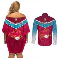 Papua New Guinea Rugby Couples Matching Off Shoulder Short Dress and Long Sleeve Button Shirts Goroka Lahanis PNG Polynesian Pattern - Wonder Print Shop