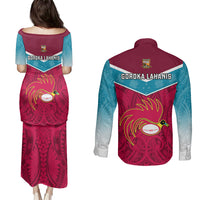 Papua New Guinea Rugby Couples Matching Puletasi Dress and Long Sleeve Button Shirts Goroka Lahanis PNG Polynesian Pattern - Wonder Print Shop