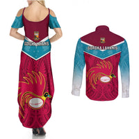 Papua New Guinea Rugby Couples Matching Summer Maxi Dress and Long Sleeve Button Shirts Goroka Lahanis PNG Polynesian Pattern - Wonder Print Shop