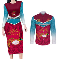 Custom Papua New Guinea Rugby Couples Matching Long Sleeve Bodycon Dress and Long Sleeve Button Shirts Goroka Lahanis PNG Polynesian Pattern - Wonder Print Shop