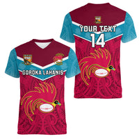 Custom Papua New Guinea Rugby Women V Neck T Shirt Goroka Lahanis PNG Polynesian Pattern - Wonder Print Shop