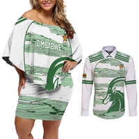 Zimbabwe Rugby Custom Couples Matching Off Shoulder Short Dress and Long Sleeve Button Shirt Come On Sables White Version - Wonder Print Shop