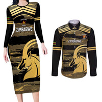 Zimbabwe Rugby Custom Couples Matching Long Sleeve Bodycon Dress and Long Sleeve Button Shirt Come On Sables Gold Black Version - Wonder Print Shop