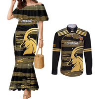 Zimbabwe Rugby Custom Couples Matching Mermaid Dress and Long Sleeve Button Shirt Come On Sables Gold Black Version - Wonder Print Shop