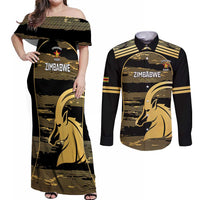 Zimbabwe Rugby Custom Couples Matching Off Shoulder Maxi Dress and Long Sleeve Button Shirt Come On Sables Gold Black Version - Wonder Print Shop