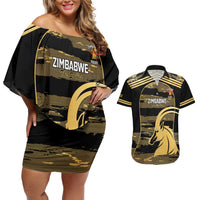 Zimbabwe Rugby Custom Couples Matching Off Shoulder Short Dress and Hawaiian Shirt Come On Sables Gold Black Version - Wonder Print Shop