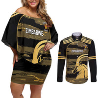 Zimbabwe Rugby Custom Couples Matching Off Shoulder Short Dress and Long Sleeve Button Shirt Come On Sables Gold Black Version - Wonder Print Shop