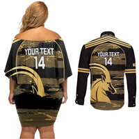 Zimbabwe Rugby Custom Couples Matching Off Shoulder Short Dress and Long Sleeve Button Shirt Come On Sables Gold Black Version - Wonder Print Shop