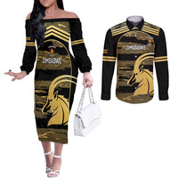 Zimbabwe Rugby Custom Couples Matching Off The Shoulder Long Sleeve Dress and Long Sleeve Button Shirt Come On Sables Gold Black Version - Wonder Print Shop