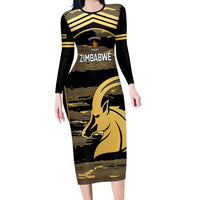 Zimbabwe Rugby Custom Long Sleeve Bodycon Dress Come On Sables Gold Black Version - Wonder Print Shop