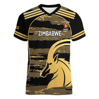 Zimbabwe Rugby Custom Women V-Neck T-Shirt Come On Sables Gold Black Version - Wonder Print Shop