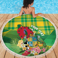Personalized Dominica Independence Day Beach Blanket Map With Coat Of Arms Madras Pattern - Wonder Print Shop