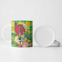 Personalized Dominica Independence Day Ceramic Mug Map With Coat Of Arms Madras Pattern - Wonder Print Shop