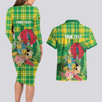 Personalized Dominica Independence Day Couples Matching Long Sleeve Bodycon Dress and Hawaiian Shirt Map With Coat Of Arms Madras Pattern - Wonder Print Shop