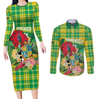 Personalized Dominica Independence Day Couples Matching Long Sleeve Bodycon Dress and Long Sleeve Button Shirt Map With Coat Of Arms Madras Pattern - Wonder Print Shop
