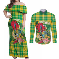 Personalized Dominica Independence Day Couples Matching Off Shoulder Maxi Dress and Long Sleeve Button Shirt Map With Coat Of Arms Madras Pattern - Wonder Print Shop