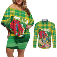 Personalized Dominica Independence Day Couples Matching Off Shoulder Short Dress and Long Sleeve Button Shirt Map With Coat Of Arms Madras Pattern - Wonder Print Shop