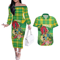 Personalized Dominica Independence Day Couples Matching Off The Shoulder Long Sleeve Dress and Hawaiian Shirt Map With Coat Of Arms Madras Pattern - Wonder Print Shop
