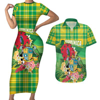 Personalized Dominica Independence Day Couples Matching Short Sleeve Bodycon Dress and Hawaiian Shirt Map With Coat Of Arms Madras Pattern - Wonder Print Shop