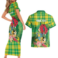 Personalized Dominica Independence Day Couples Matching Short Sleeve Bodycon Dress and Hawaiian Shirt Map With Coat Of Arms Madras Pattern - Wonder Print Shop