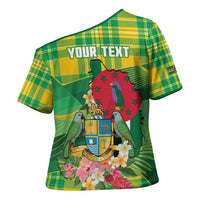 Personalized Dominica Independence Day Cross Shoulder Shirt Map With Coat Of Arms Madras Pattern - Wonder Print Shop