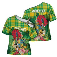 Personalized Dominica Independence Day Cross Shoulder Shirt Map With Coat Of Arms Madras Pattern - Wonder Print Shop
