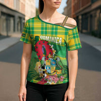 Personalized Dominica Independence Day Cross Shoulder Shirt Map With Coat Of Arms Madras Pattern - Wonder Print Shop