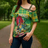 Personalized Dominica Independence Day Cross Shoulder Shirt Map With Coat Of Arms Madras Pattern - Wonder Print Shop