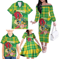 Personalized Dominica Independence Day Family Matching Off The Shoulder Long Sleeve Dress and Hawaiian Shirt Map With Coat Of Arms Madras Pattern - Wonder Print Shop