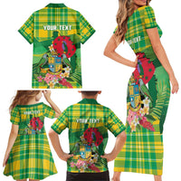 Personalized Dominica Independence Day Family Matching Short Sleeve Bodycon Dress and Hawaiian Shirt Map With Coat Of Arms Madras Pattern - Wonder Print Shop